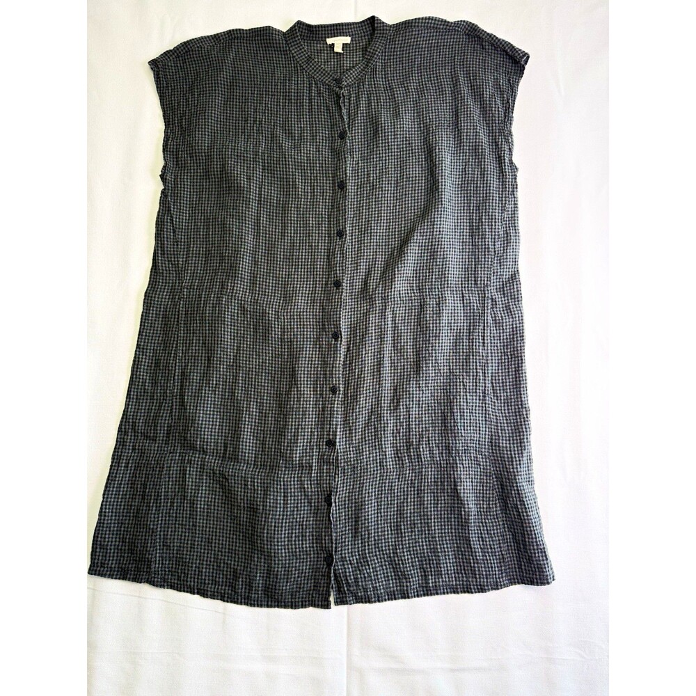 Eileen Fisher 1X Plus Gray Black Check Organic Linen Sleeveless Button Dress